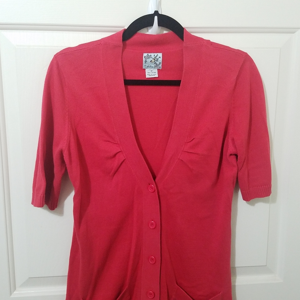 TABITHA Pink/Red Button Fitted 3/4 Sleeve Cardigan - Picture 4 of 11